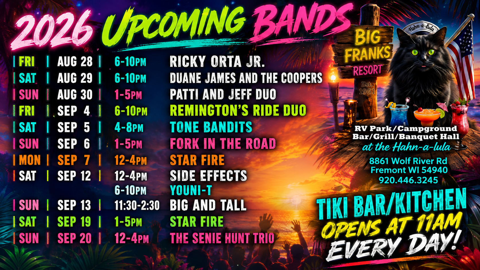 Live music and entertainment schedule at Big Franks Resort