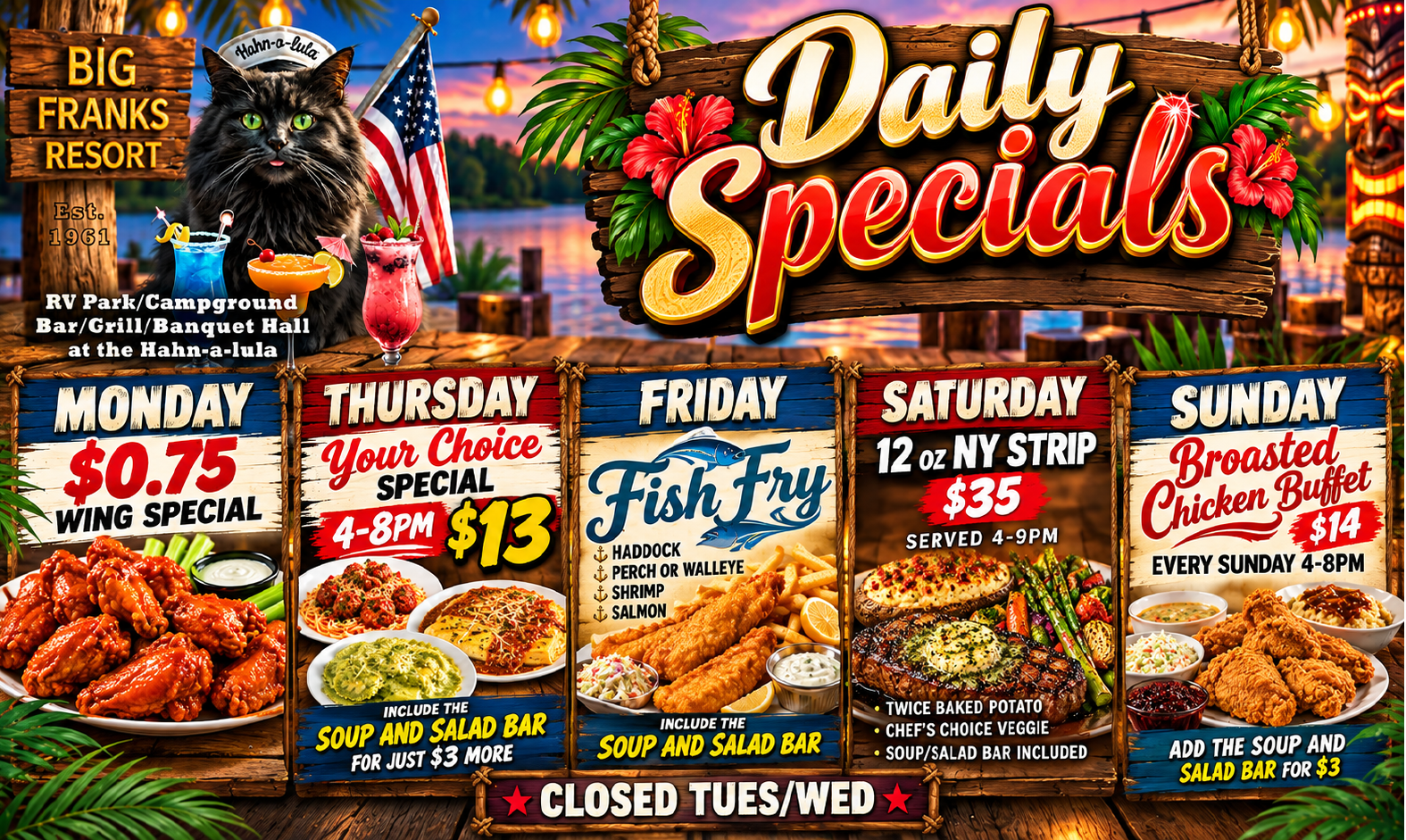 Big Franks Resort menu and bar specials Fremont WI
