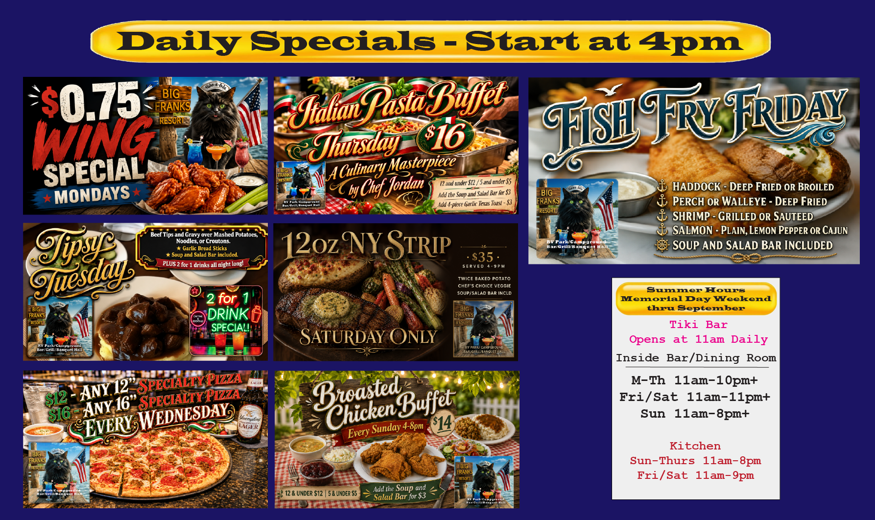 Big Franks Resort menu and bar specials Fremont WI
