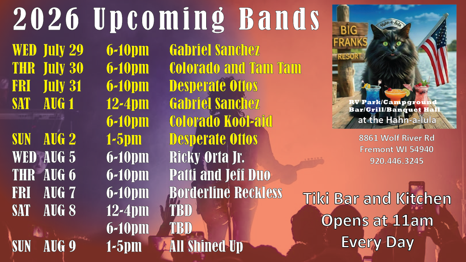 Live music and entertainment schedule at Big Franks Resort